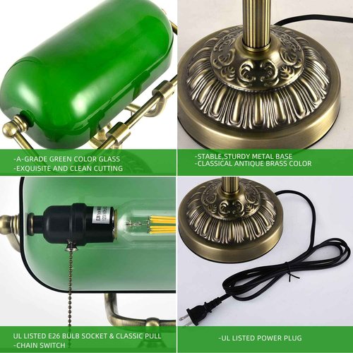 Rizzyluz Green Glass Bankers Desk Lamp, Vintage Desks Lamp with USB Charging Port, Traditional Banker's Lamp, Mid Century Desk Lamp Pull Chain for Home Office Library