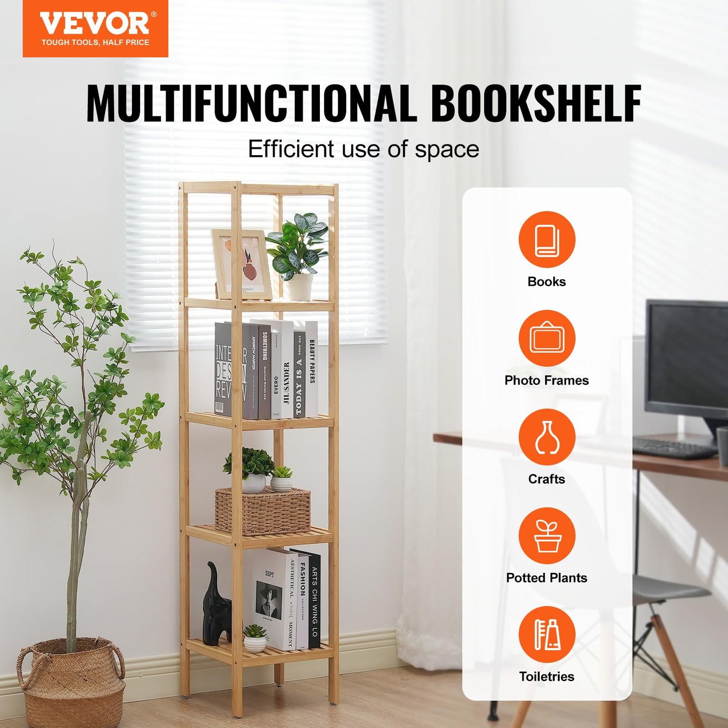 VEVOR 5-Tier Bathroom Standing Shelf, Narrow Shelving Unit, Display Storage Rack Organizer, Freestanding Flower Plant Stand, Multifunctional Bamboo Shelf Ideal for Bathroom, Kitchen, Home, Natural