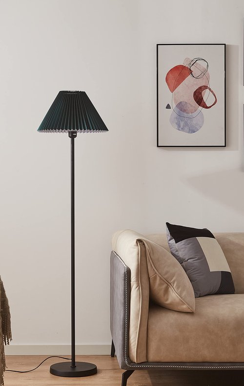 Modern Elegant Black Pole Floor Lamp Simple Design Tall Lamp with Dark Green Shade Standing Lamp with LED Bulb for Living Room and Bedroom
