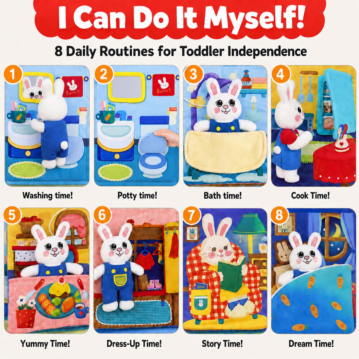 CuteZone Busy Book for Toddlers 1-3, Toddler Travel Toy and Montessori Quiet Book with Attached Bunny, 12 Fine Motor Activities Gifts for 1 Year Old Boys Girls Birthday Gift
