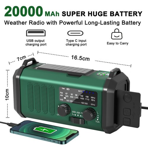 Emergency Radio NOAA Weather Radio with Hand Crank & Solar Charging 20000mAh Battery Built-in Flashlight, Reading Light & SOS Alarm AM/FM Weather Bands Compact & Portable for Camping & Emergencies