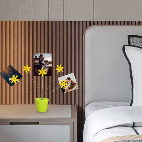 Cute Flower Table Card Memo Holder Stand,1 Pcs Photo Clips Holder Desk Stand for Memo Paper Note Monmory Photo Christmas Wedding Display with Flowerpot Shaped Plastic Base (Yellow)