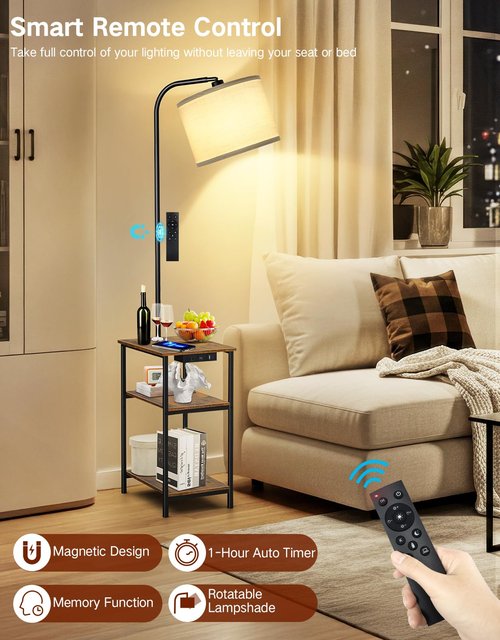 OUTONLIFE Floor Lamp with Table & Remote, Side End Table with Charging Station, Dimmable Nightstand with 3 Color Temperatures, 1-Hour Timer, 12W LED Bulb, for Living Room, Bedroom