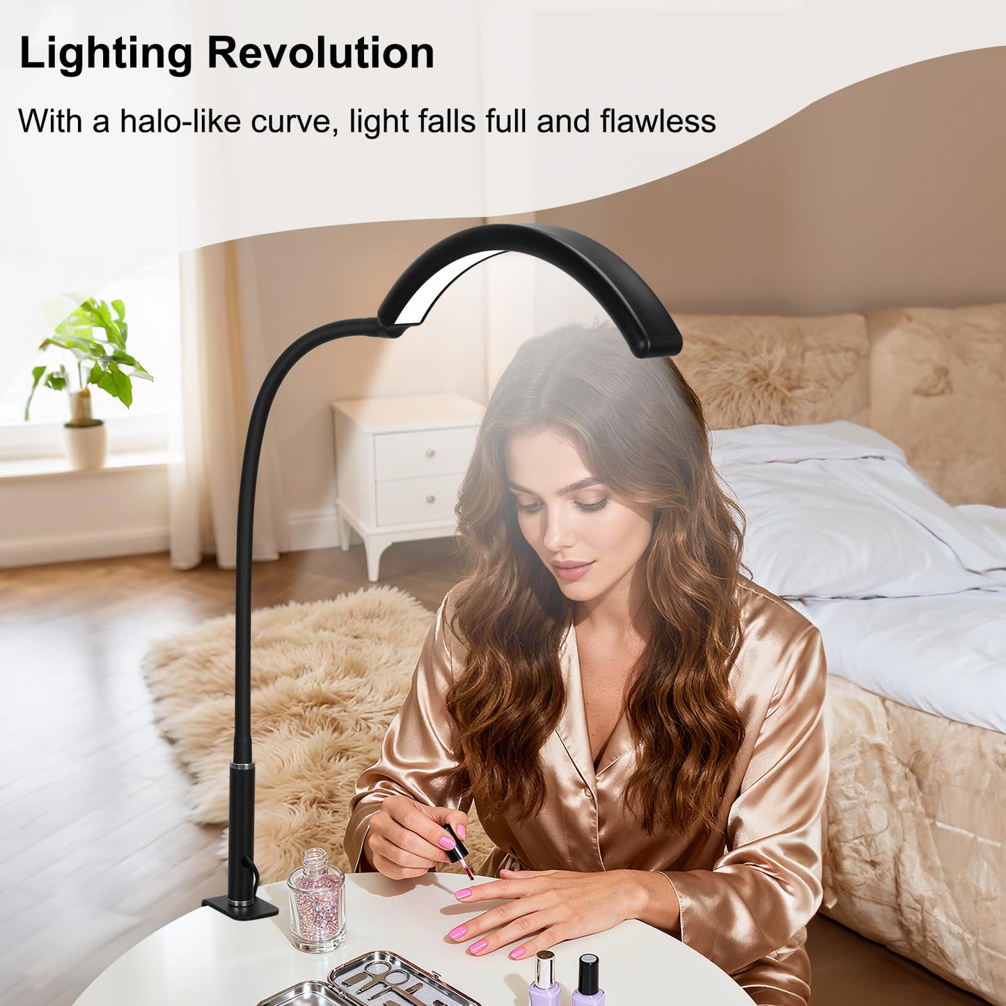 ZEKAHOV Professional Half Moon LED Desk Light for Nail Techs & Artists – Flexible Gooseneck Lamp with Clamp, 5 Color Modes & 5 Brightness Levels for Manicure, Tattoo, Beauty Work