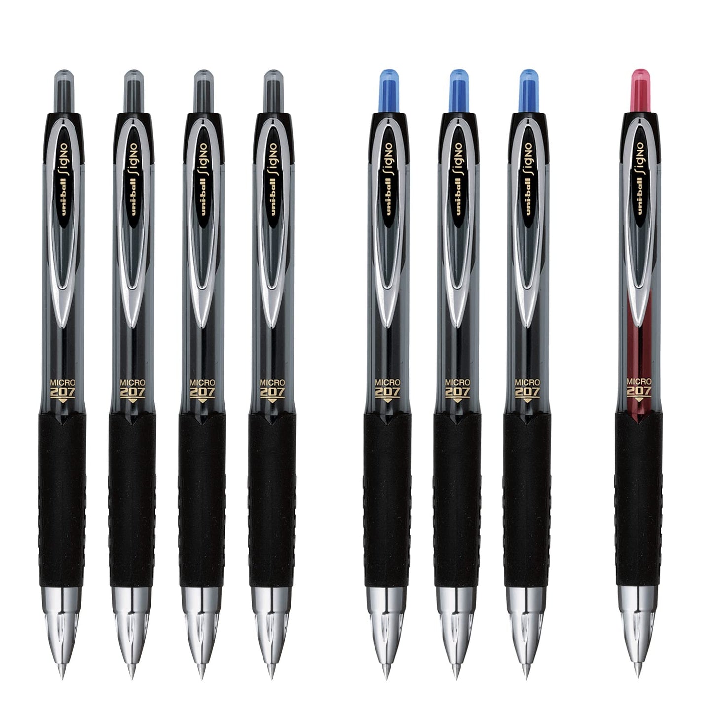 Signo 207 Retractable Gel Pens by Uni, Micro 0.5mm (aka Fine Point), Includes 4 Black, 3 Blue, 1 Red
