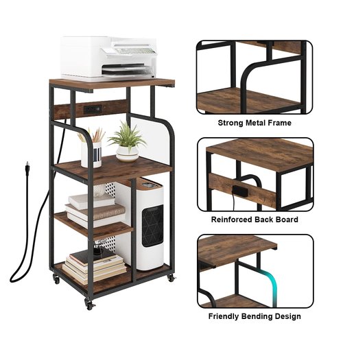 VEDECASA Large Printer Stand Cart with Charging Station USB Port 21.2"x15.7"x42.3" Rolling Tall 3-Tier Printer Stand with Adjustable Shelf Storage Home Office