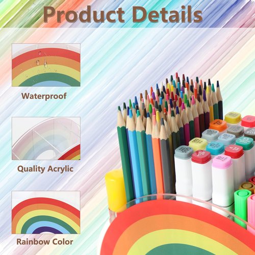 Flytreal Acrylic Pen Pencil Holder Clear Desk Organizer, Rainbow Home Office Desk Pen Storage Stand, Corner Desktop Stationery Organizer for Women Kids Students School Art Supplies