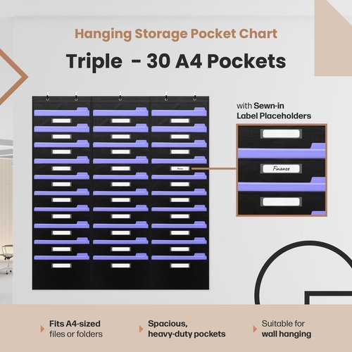 Hippo Creation Heavy Duty Storage Pocket Chart for Classroom, 30 Pocket Storage Organizer with 5 Over-Door Hangers, Hanging Wall Organizer for File Folders, School Mailbox, Home Office Papers - Black