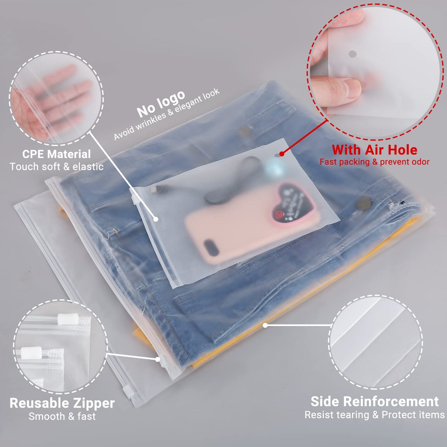 Svaldo Apparel Zip Bags, 100 Pcs 12x16 Inch Plastic Packing Bags for Clothes Selling, Frosted Zipper Poly Bags for Packaging T Shirt, Jeans, Jacket, 3 Mil Thick with Vent Holes