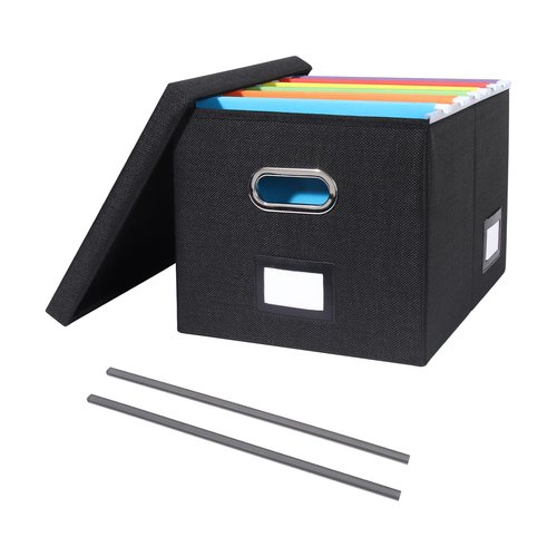 Tcbelosion Portable File Organizer Box with Lid, Office Document Storage with Multi-Label Slots, Fits Letter/Legal Size Files, Lightweight and Stackable (Black)