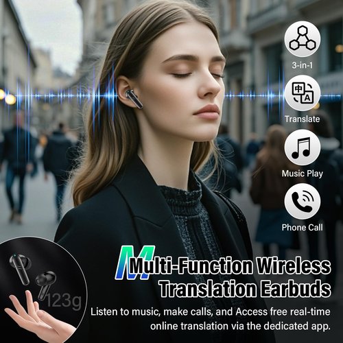 AI Translation Earbuds Real Time, 144 Language Translator Earbuds 3-in-1 Translation Headphones for iPhone and Android with 6 Translation Modes, Translating Device for Travel/Business/Learning, Black