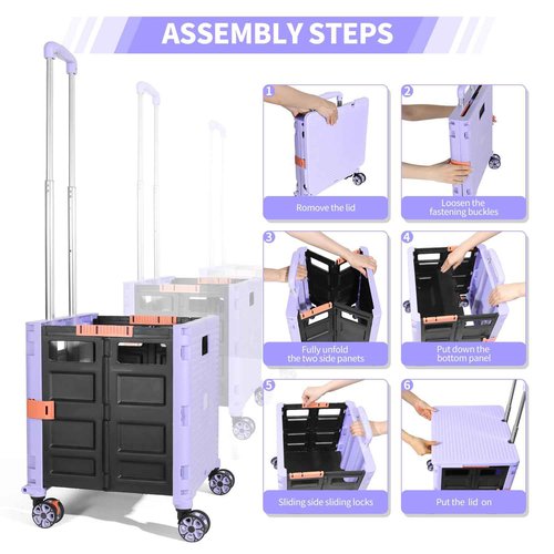 Rolling Crate Utility Cart Collapsible Tote Basket Teacher Cart with Lid Wear-Resistant Noiseless 360°Rotate Wheel Telescoping Handle for Trave Moving Luggage Use(Purple,110lbs)