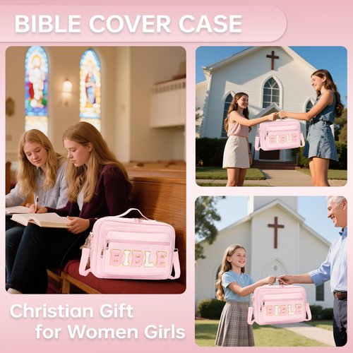 Bible Cover Case for Women Large Bible Bag with Bible Highlighters Tabs Bble Case Leather Western Bible Cover Carrying Tote Bags for Bible Study Accessories (Pink, Large)