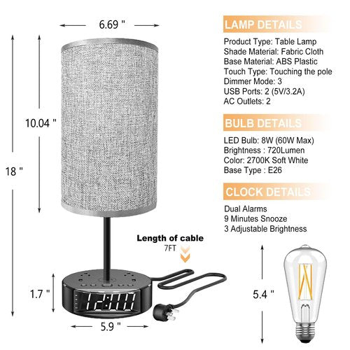 ZONV Touch Control Nightstand Light Bedside Table Lamp with USB C Charging Ports Alarm Clock 3 Way Dimmable Lamp for Bedroom Living Room Home（Gray） Thanksgiving and Christmas Gifts