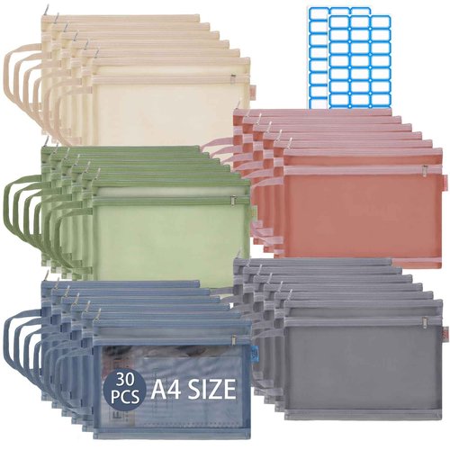 JarThenaAMCS 30Pcs Double-Layer A4 Size Mesh Zipper Pouch Bags with Sticky Labels Board Game Puzzle storage Travel Zipper Bags Neutral Color Pouches Nylon Mesh Bags for Office School Home Supplies