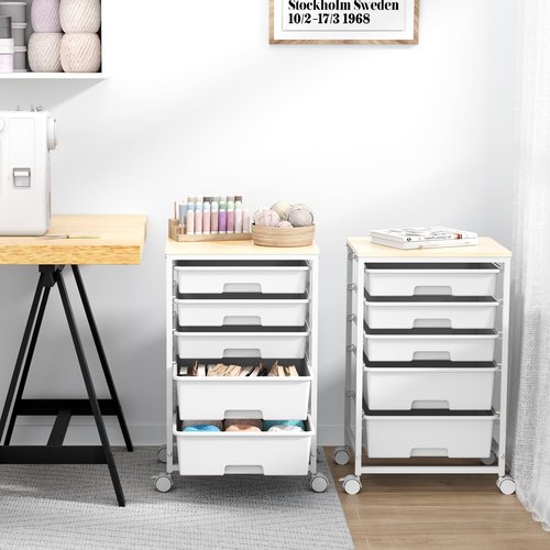 SYKIARIOL Utility Cart with 5 Drawers,Storage Drawer Cart with Wooden Tabletop and Lockable Wheels,Craft Storage Trolley Cart,5-Tier Rolling Utility Cart on Wheels,Bright White