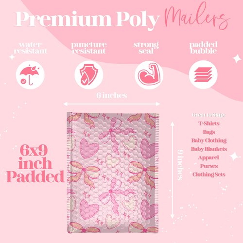 6x9 Designer Bubble Poly Mailer 50 Pack Heavy Duty Waterproof Self Seal Shipping Bags for Small Business Large Mailing Envelopes Bulk Tear Resistant Padded Pink Coquette Bubble Mailer