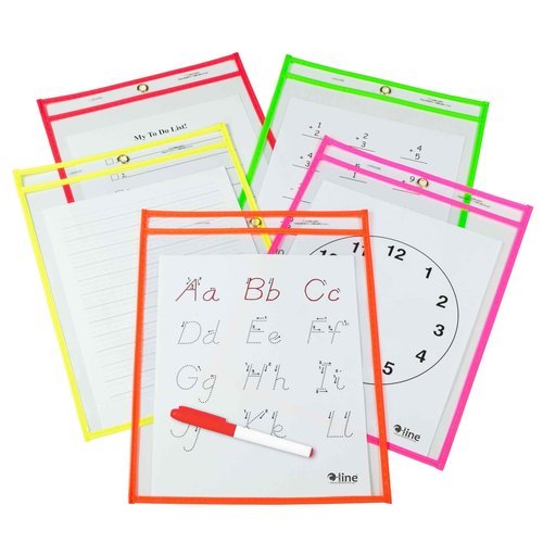 C-Line Reusable Dry Erase Pockets, 9 x 12 Inches, Assorted Neon Colors, 25 Pockets per Pack (40820)