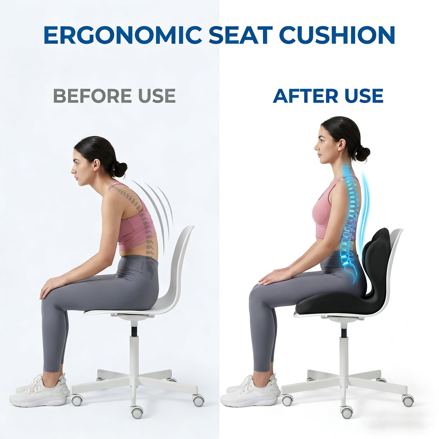 Ergonomic Seat Memory Foam Support Cushion for Back, Car Seat Back Support Cushion for Sciatica Tailbone Pain, Office Desk Chair Car Travel Seat Cushion (Black)