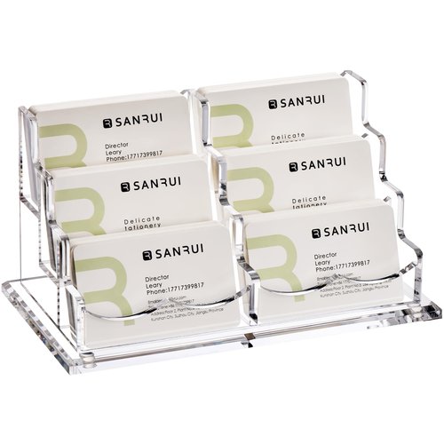 Acrylic Business Card Holder for Desk, Clear Display Stand with 6 Slots, 3-Tier Horizontal Name Card Stands, Office Desk Organizer for Women & Men , Holds 50 Cards Each Pocket