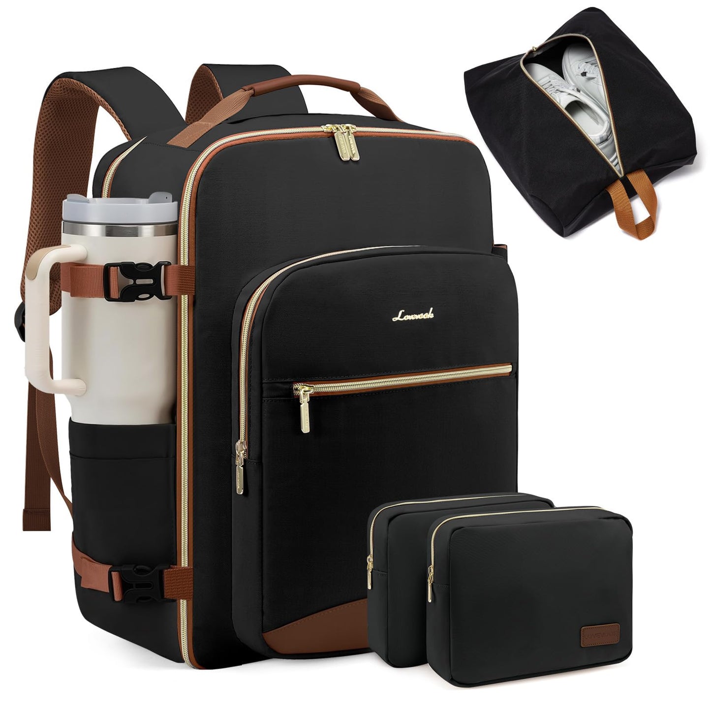 LOVEVOOK Travel Backpack for Women, Flight Approved Carry on Backpack for Traveling on Airplane, 40L Personal Item Bag Airline Approved, 17 Inch Causal Weekender Backpack with 3 Packing Cubes, Black