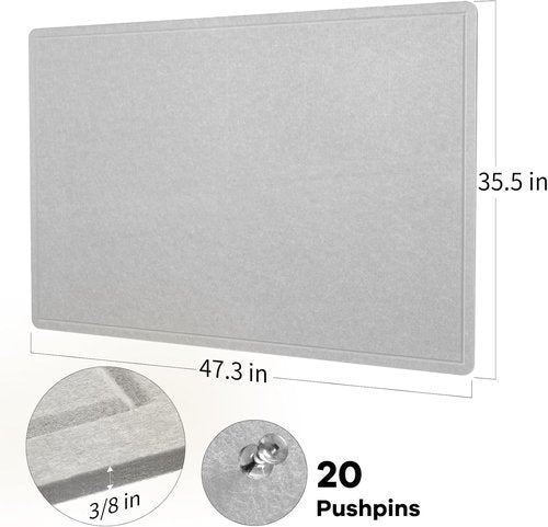 Lightomorrow Large Bulletin Board - 48" x 36" Decorative Felt Pin Board for Wall | Foldable Photo Display with 20 Push Pins - Light Gray