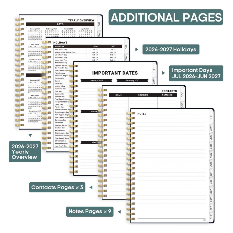 Academic Planner 2026-2027, Weekly and Monthly Calendar Book, July 2026 – June 2027, Hardcover Planner with Tabs, Perfect for Teachers, Students, Women & Men, A5 (6.4" x 8.5") - Evening Petals