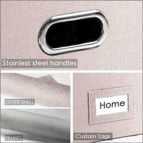 PRANDOM File Organizer Box - Set of 4 Collapsible Decorative Linen Filing Storage Hanging File Folders with Lids Office Cabinet Letter Size Light Grey (15x12.2x10.75 inch)
