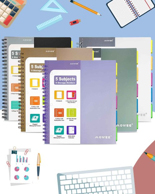 MOWEE 5 Subject Notebook - Spiral Notebook, College Ruled Notebook With Dividers Pocket, Tabs, 11" Ruler, 200 Pages, for Writing Journal, Home & Office, School Supplies, 8.5''x11'' Lily White Blue