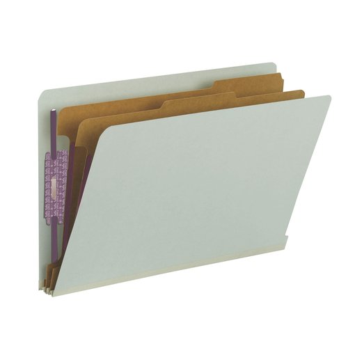 Smead 100% Recycled End Tab Pressboard Classification File Folder with SafeSHIELD Fasteners, 2 Dividers, 2" Expansion, Legal Size, Gray/Green, 10 per Box (29810)