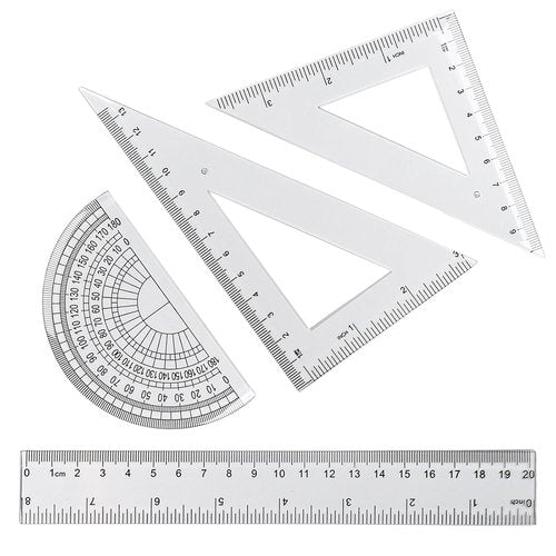 Math Geometry Set by [Brand Name] - 4 Pcs Transparent Plastic Kit with Protractor, Rulers & Triangle