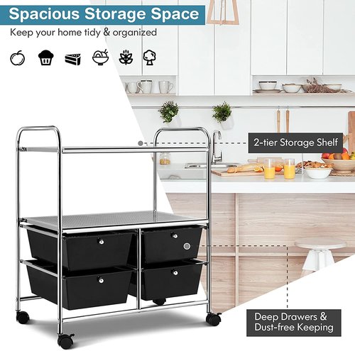 Hysache Rolling Storage Cart, Utility Organizer Cart w/ 4 Drawer 2 Shelves Trolley, Metal Frame, Plastic Storage Drawers on Wheels for School Office Home, Multifunction Organizer (Black)