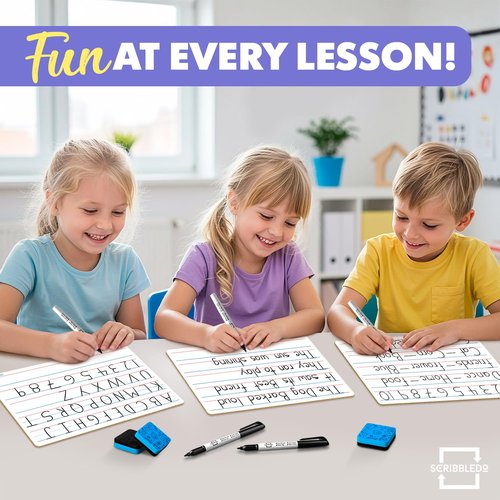 Scribbledo 10 Pack Double Sided Whiteboards Lined Dry Erase Board for Kids Ruled Writing Board Handwriting Practice for Kids Small White Board Dry Erase Boards Lines 9x12 Student 10 Dry Erase Markers