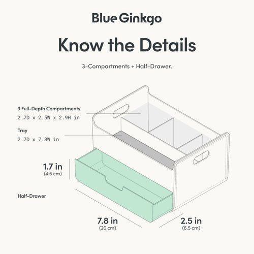 BLUE GINKGO Portable Desk Organizer – Compact 3 Compartment, Half-drawer Storage – Pen Holder, Stationery Desktop Organizer for Office, Makeup, Crafts (Made in Korea, Blue)