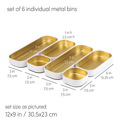 Three by Three Seattle 6 Piece Shallow Metal Organizer Tray Set for Storing Makeup, Stationery, Utensils, and More in Office Desk, Kitchen and Bathroom Drawers (1 Inch, Gold and White)