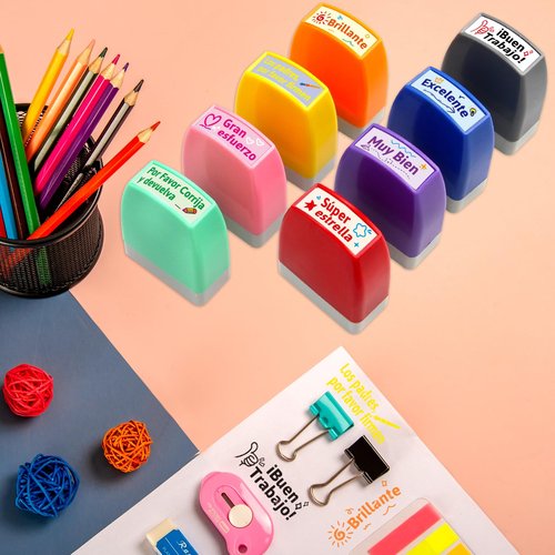 Teacher Stamp Spanish Self Inking Stamps for Classroom Motivational Grading Stamp Set for Kids School Homework Test Reward Supplies 8Pcs