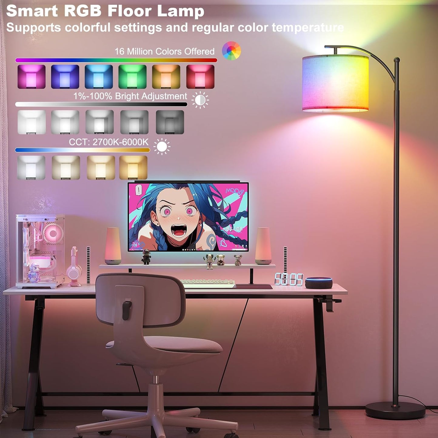 SUNMORY ARC Floor Lamp - Smart APP Remote Control with RGB Bulb | Dimmable Modern Design for Living Room, Bedroom, Office