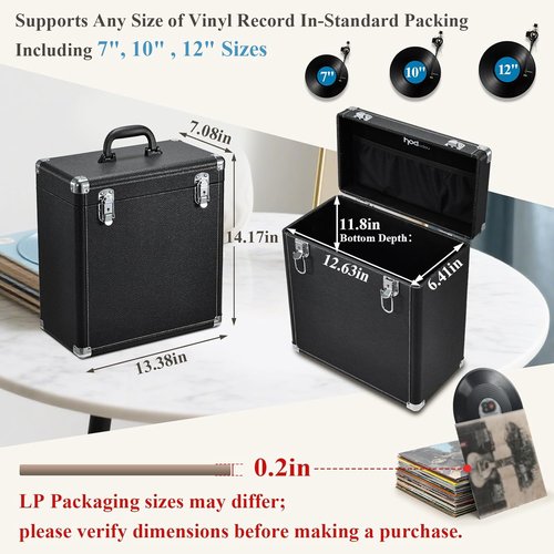 Hododou Vinyl Record Storage Case - Holds 30+ 12-Inch Records | Heavy-Duty, Portable Design with Lid Handle & Mesh Pouch