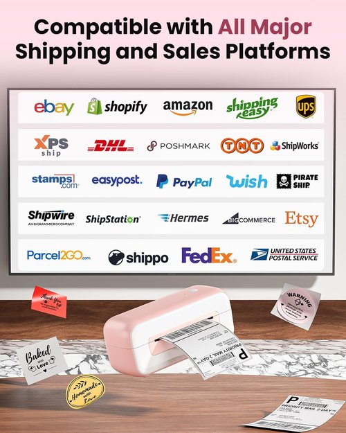 Phomemo Bluetooth Thermal Label Printer - Fast Inkless 4x6 Shipping Labels for Small Business | Compatible with iPhone, Android, Windows, Mac - Pink