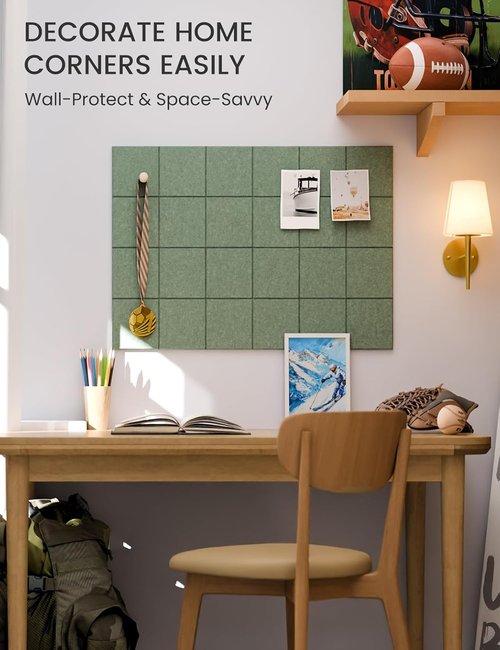 Fluxynara Felt Bulletin Board Tiles - 28"x18" Cork Board Alternative | Moss Green Wall Organizer 6-Pack