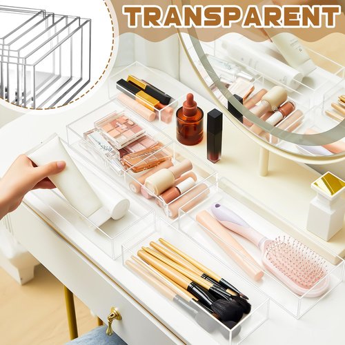 Briwooody 5 Pack Acrylic Desk Drawer Organizer, Makeup Drawer Organizer Trays, Storage Bins for Makeup, Jewelry, Gadgets for Kitchen, Bedroom, Bathroom, Office