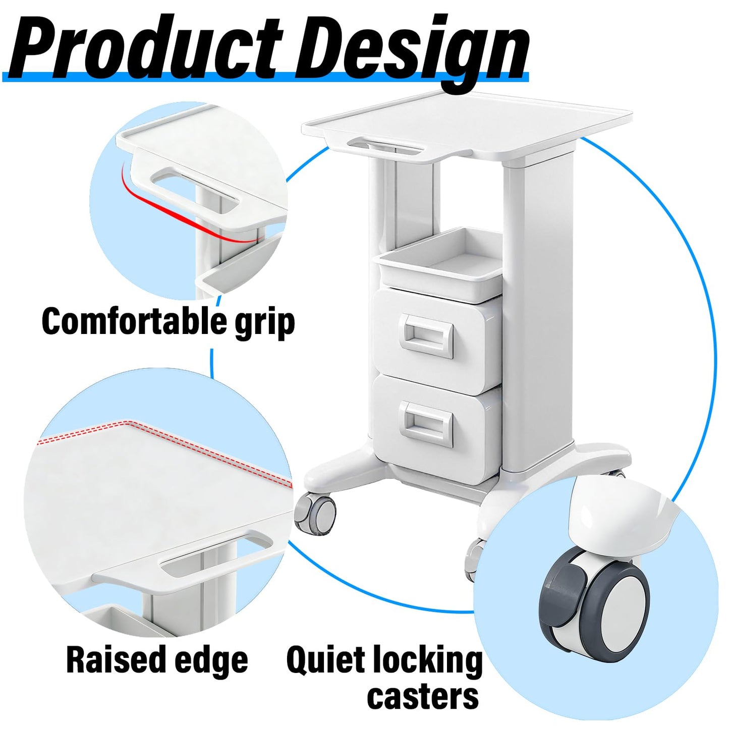 Medical Trolley Cart Mobile with Drawers, Hospital Ultrasound Cart with 4 Silent Swivel Wheels, Portable Medical Trolley Carts, 225 LBS Load, for Beauty, Salon, Clinic and Lab (Silver, Double Drawer)