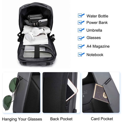 FANDARE Anti-Theft Backpack Business Daypacks fits 15.6 Inch Laptop Travel Large Backpack with USB Charging Port Waterproof Computer Bag Bookbag for Women Men Notebook Black