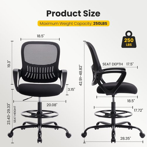 Sweetcrispy Home Office Drafting Chair - Ergonomic High Stool Computer with Adjustable Height and Comfy Lumbar Support, Tall Rolling Task for Standing Desk with Fixed Arm and Footrest, Dark Black