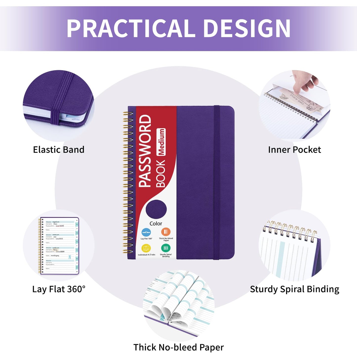 Homlive Spiral Password Book with Individual Alphabetical Tabs, Hardcover Password Keeper Book for Seniors, Password Notebook for Home or Office & Website Address Login-Purple, 5.7" x 7.7"