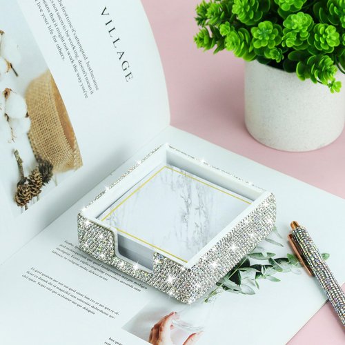 MultiBey Rhinestone Sticky Note Holder, 4 x 4 Inches Post it Note Dispenser Cute Self Sticky Note Pad Holder, Bling Sticky Memo Holder for Desk Office Home Supplies (Silver)