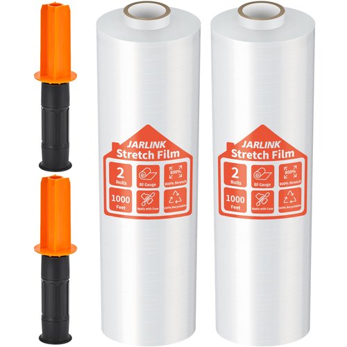JARLINK Stretch Film, 80 Gauge,15 Inch x 1000 Feet Shrink Wrap for Pallet Wrap, Industrial Strength Stretch Wrap up to 800% Stretch with Handles, Moving Wrapping Plastic Roll, 2 Pack