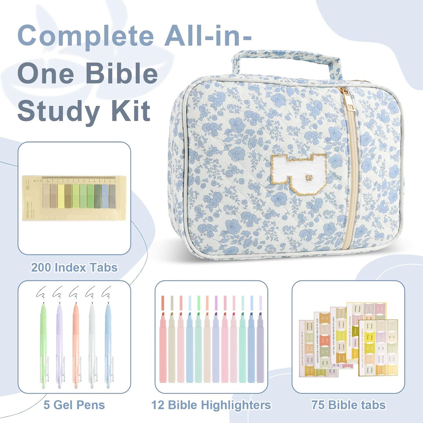 Skiennix Personalized Initial Bible Cover Case - Large Quilted Design with Handle, Stylish Blue Flower for Women & Kids