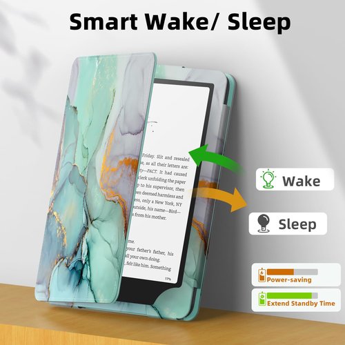 Famavala Slim Foldable Stand Case for 7" inch 2024 with Auto Wake/Sleep, Hand Strap; not fit for Kobo Libra (Green Marble)