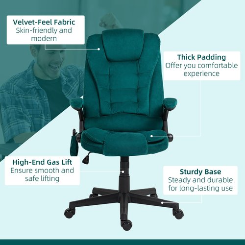 HOMCOM 6 Point Vibrating Massage Office Chair with Heat, Velvet High Back Executive Office Chair with Reclining Backrest, Padded Armrests and Remote, Dark Green